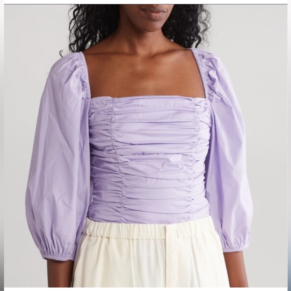Wayf Lavender Ruched Square-Neck Puff Sleeve Top